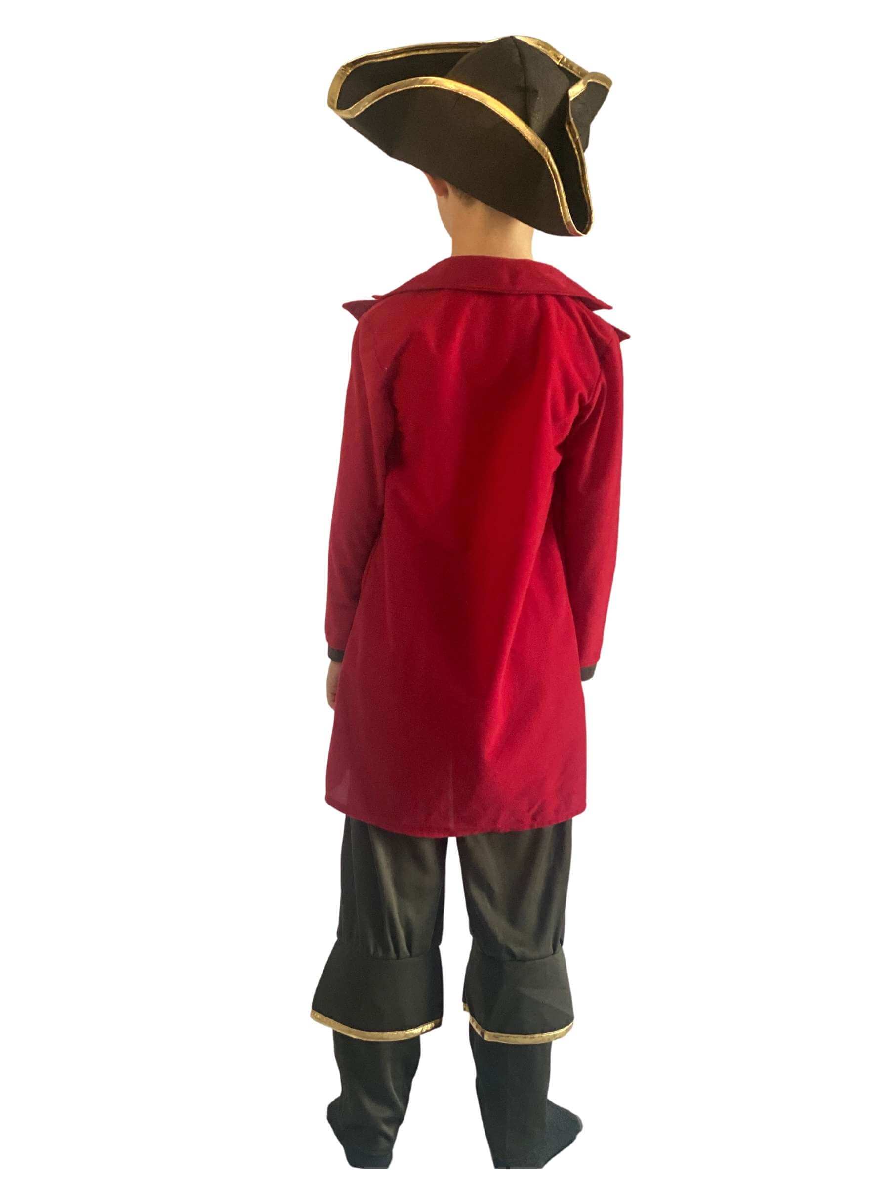 The back of a child wearing a red and black pirate captain costume with hat.