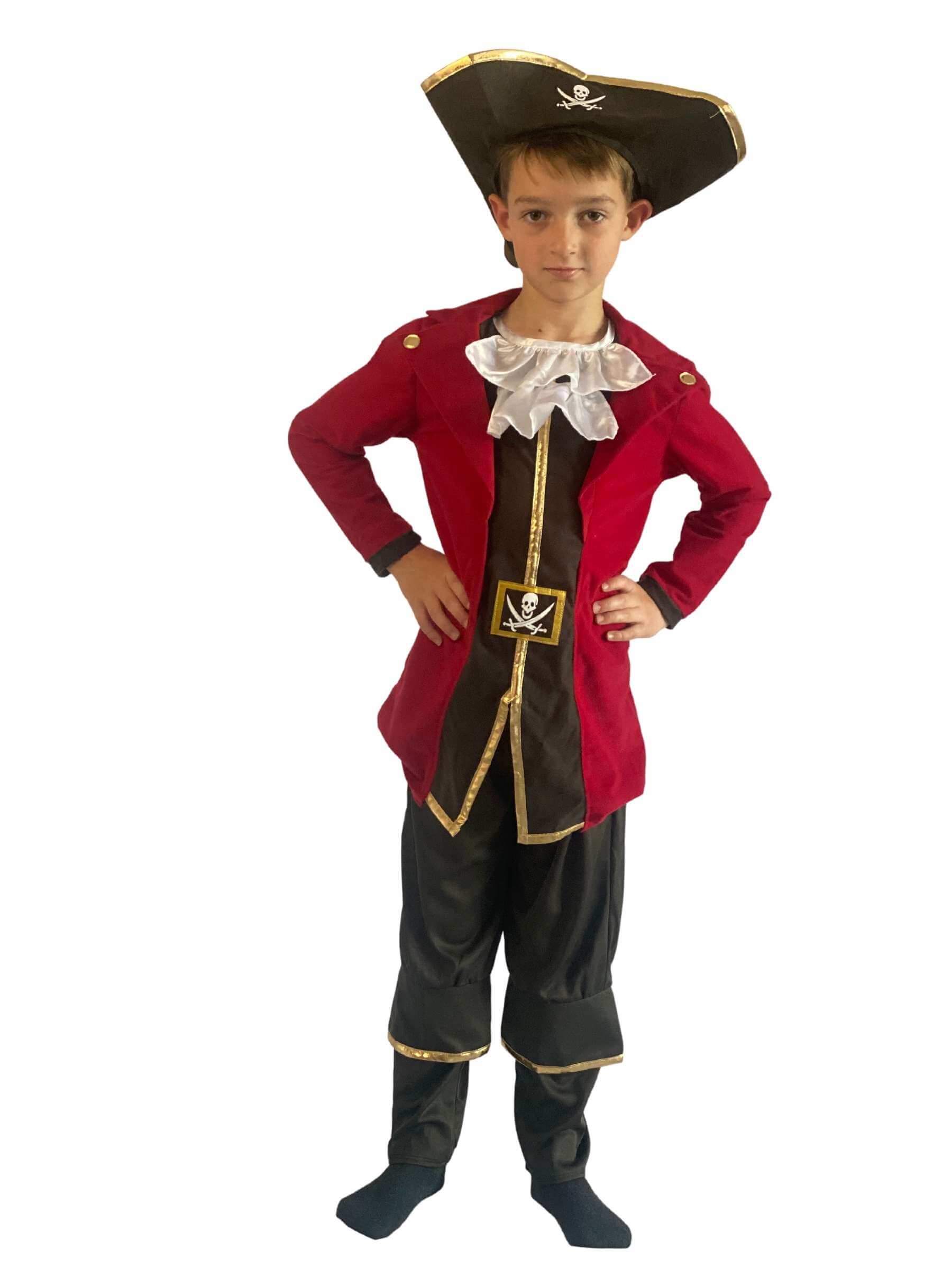 Child with hands on hip modelling red and black captain fancy dress costume with hat.