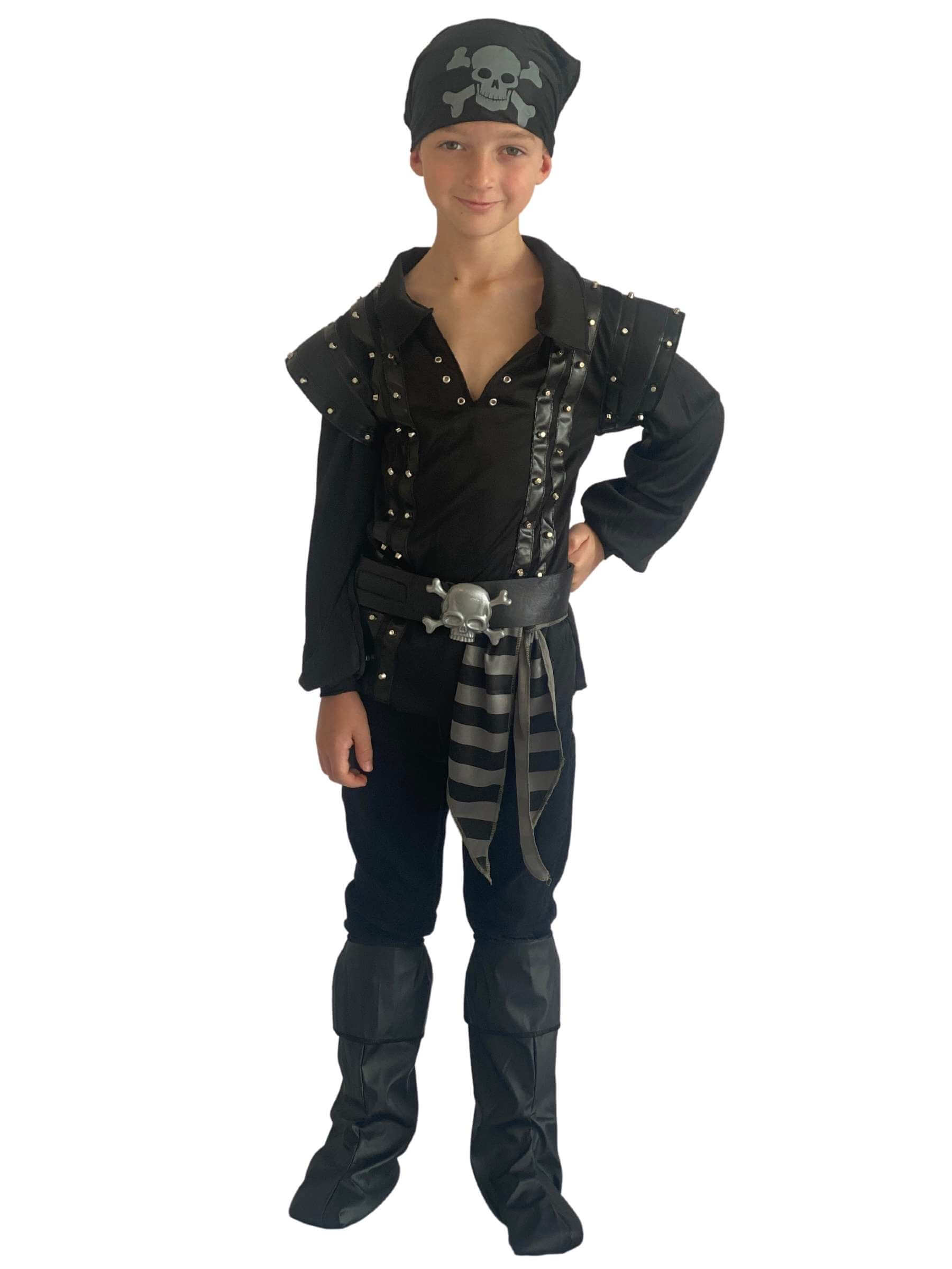 Boy in a black pirate costume with studs on the top, a skull belt and bandana.