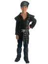 Boy in a black pirate costume with studs on the top, a skull belt and bandana.