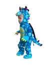 Side of a toddler wearing a blue and green spotty dragon costume showing the tail and wings.