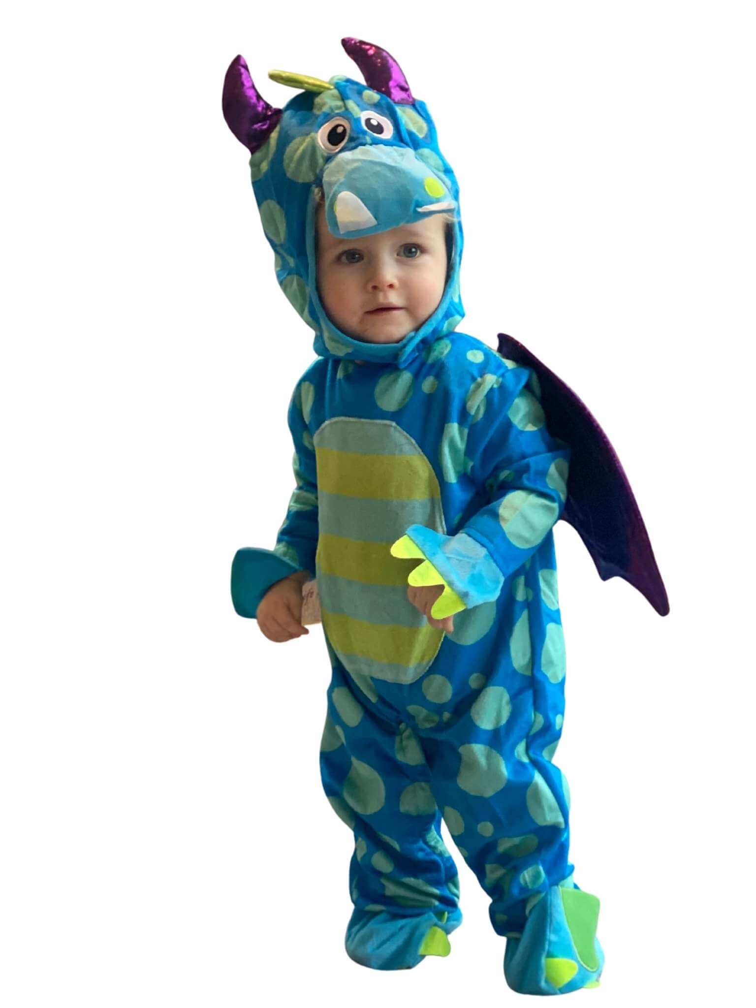 Toddler wearing blue and green dragon costume showing the padded dragon face hood and striped tummy.