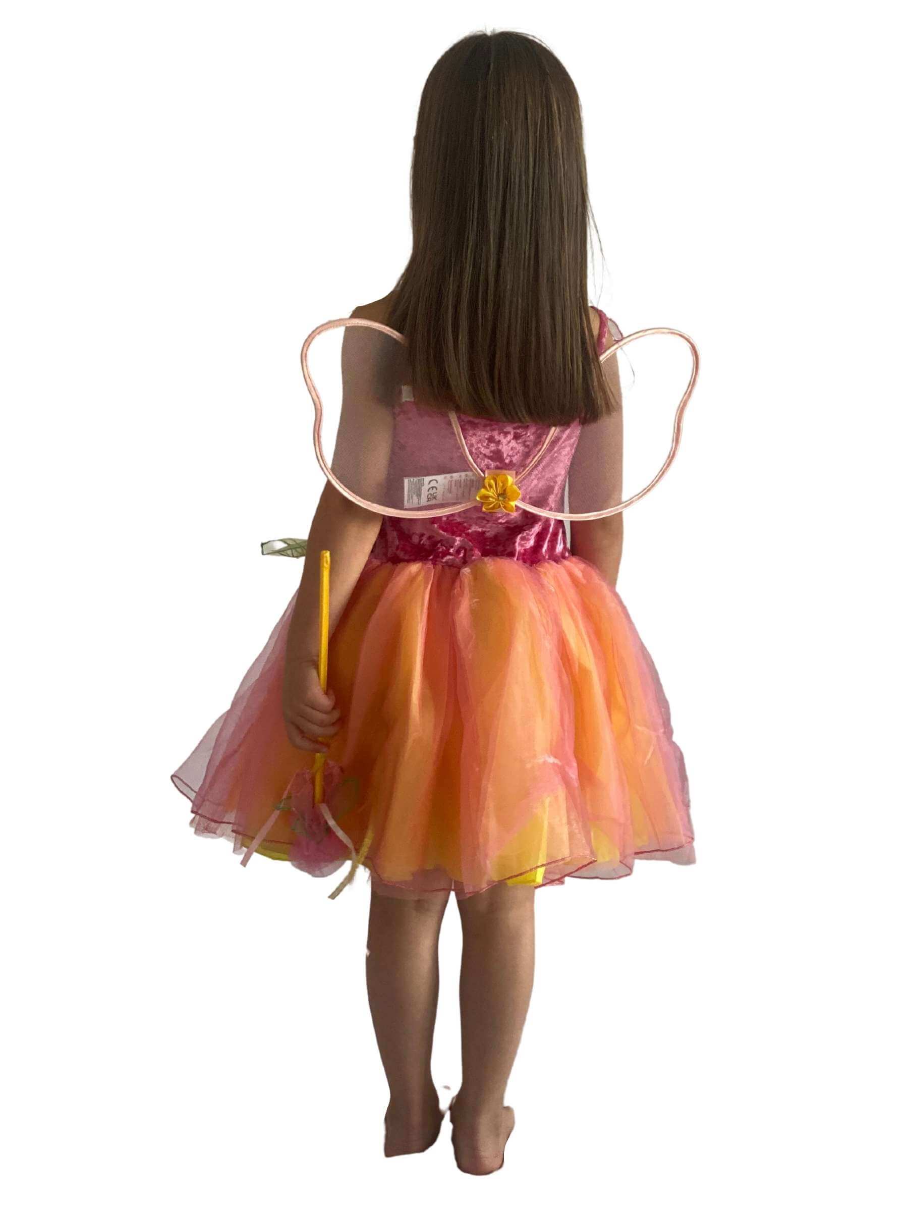 Back of a girl wearing a pink and yellow fairy costume showing the wings with flower in the middle.