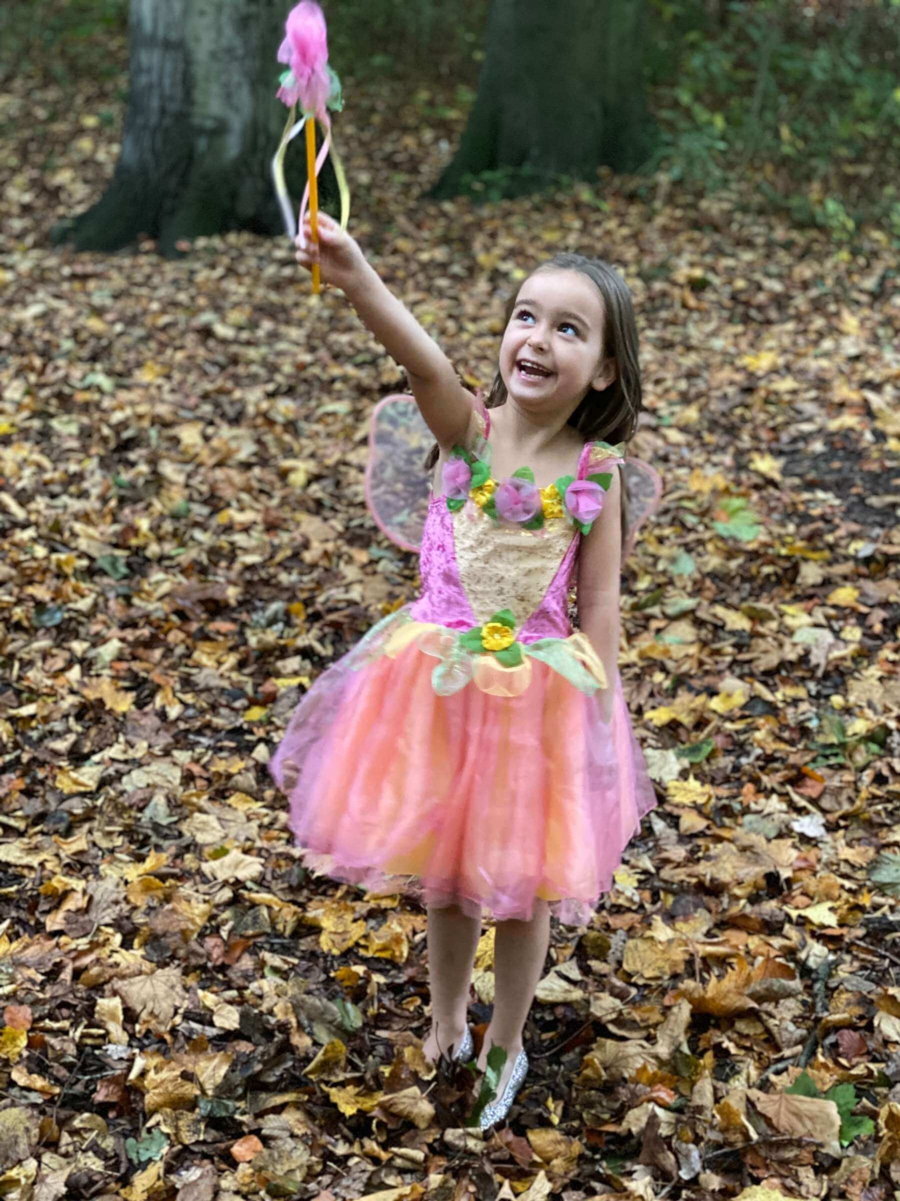 Girl stood in autumn leaves wearing a pink and yellow fairy costume holding a wand in the air.