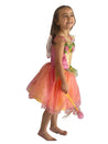 Side of a girl wearing a pink and yellow fairy costume showing the wings and wand.