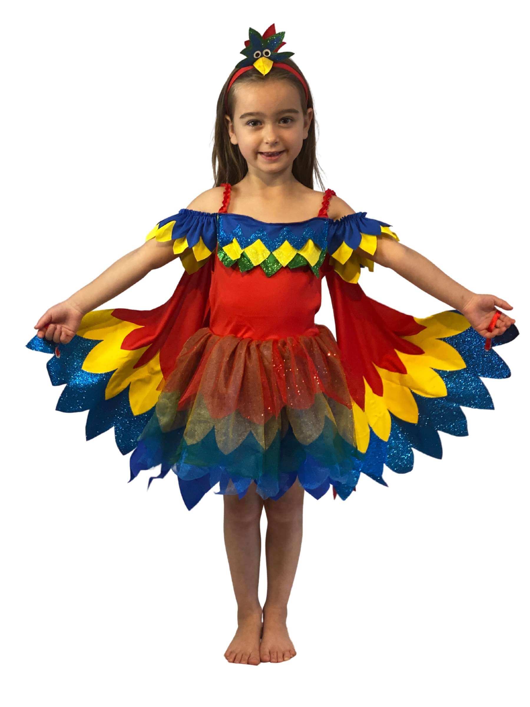 Girl wearing red, yellow and blue macaw parrot costume, showing the parrot headband.
