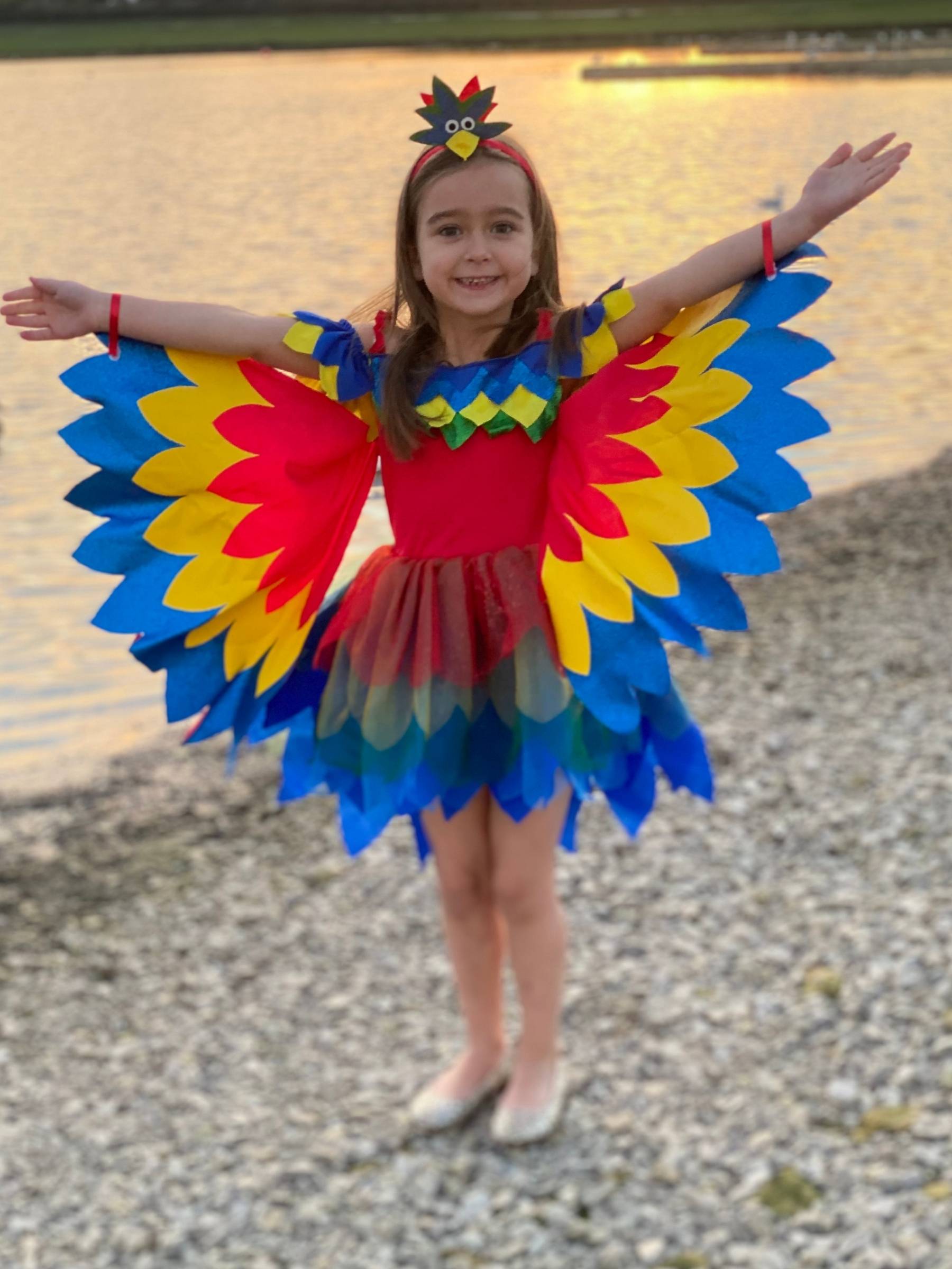 Girl stood in front of water wearing red yellow and blue macaw parrot costume.