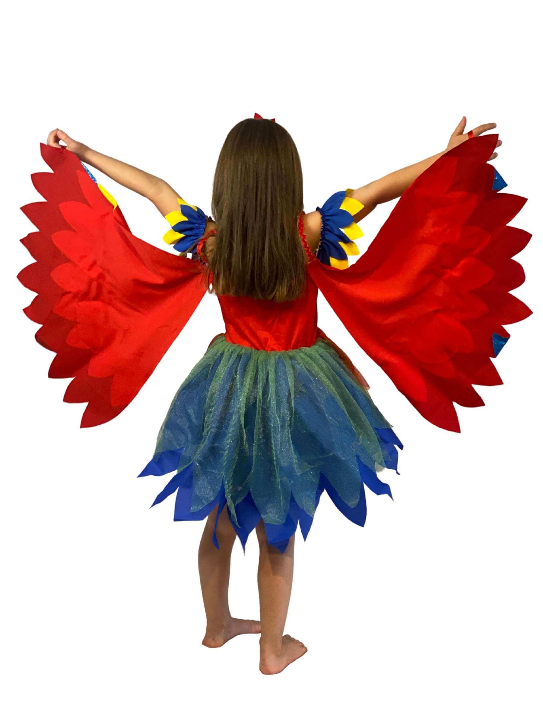 Girl wearing Macaw parrot costume from behind showing the back of the wings which are red from the back.