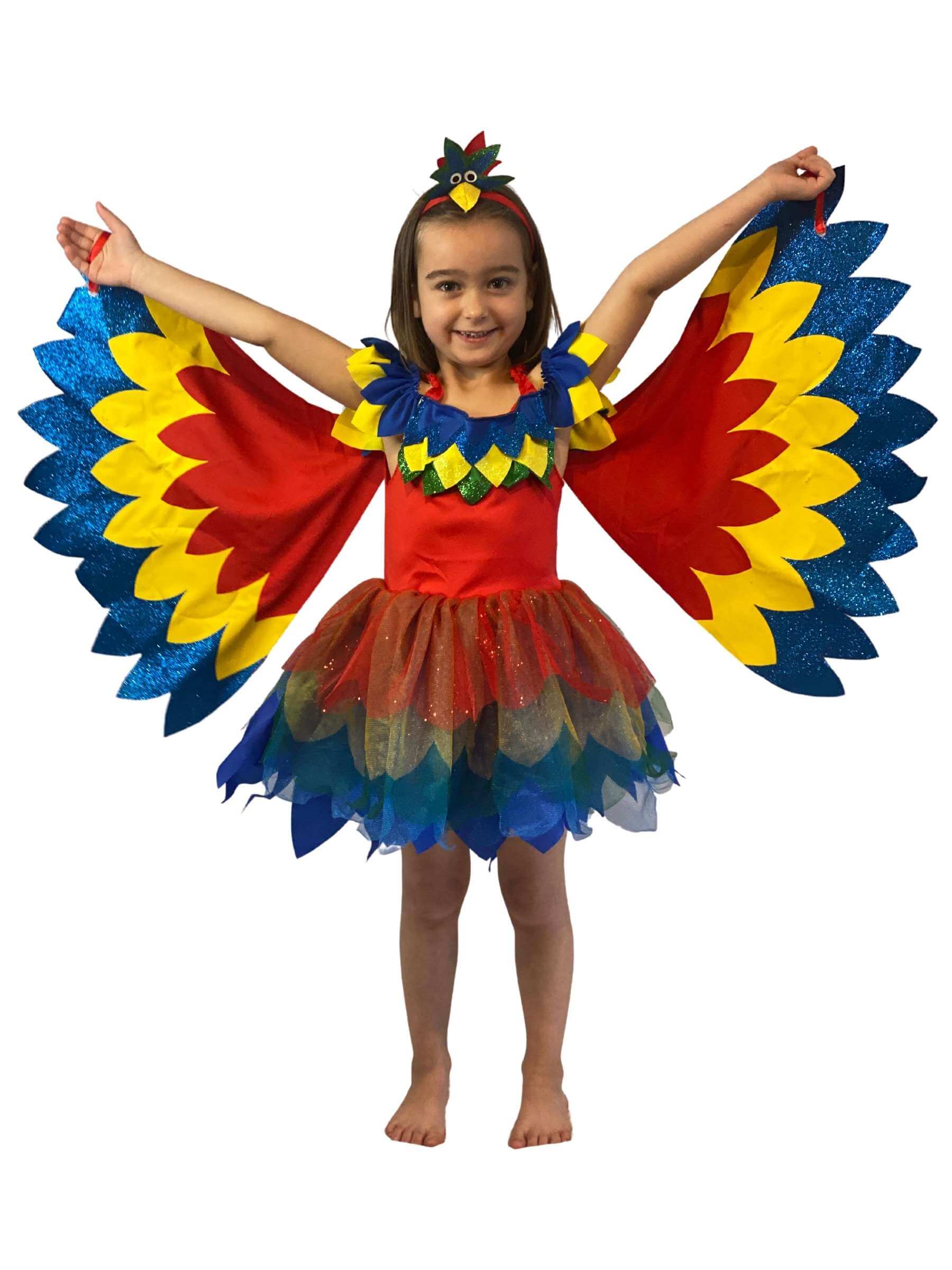 Girl wearing a red, yellow and blue macaw parrot Costume. With her arms stretched out showing the wings that attach to her wrists.