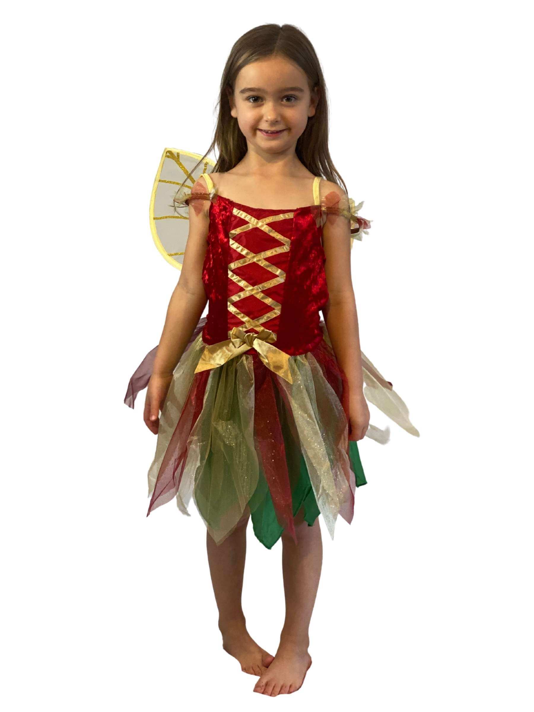 Girl wearing red green and gold fairy dress costume.