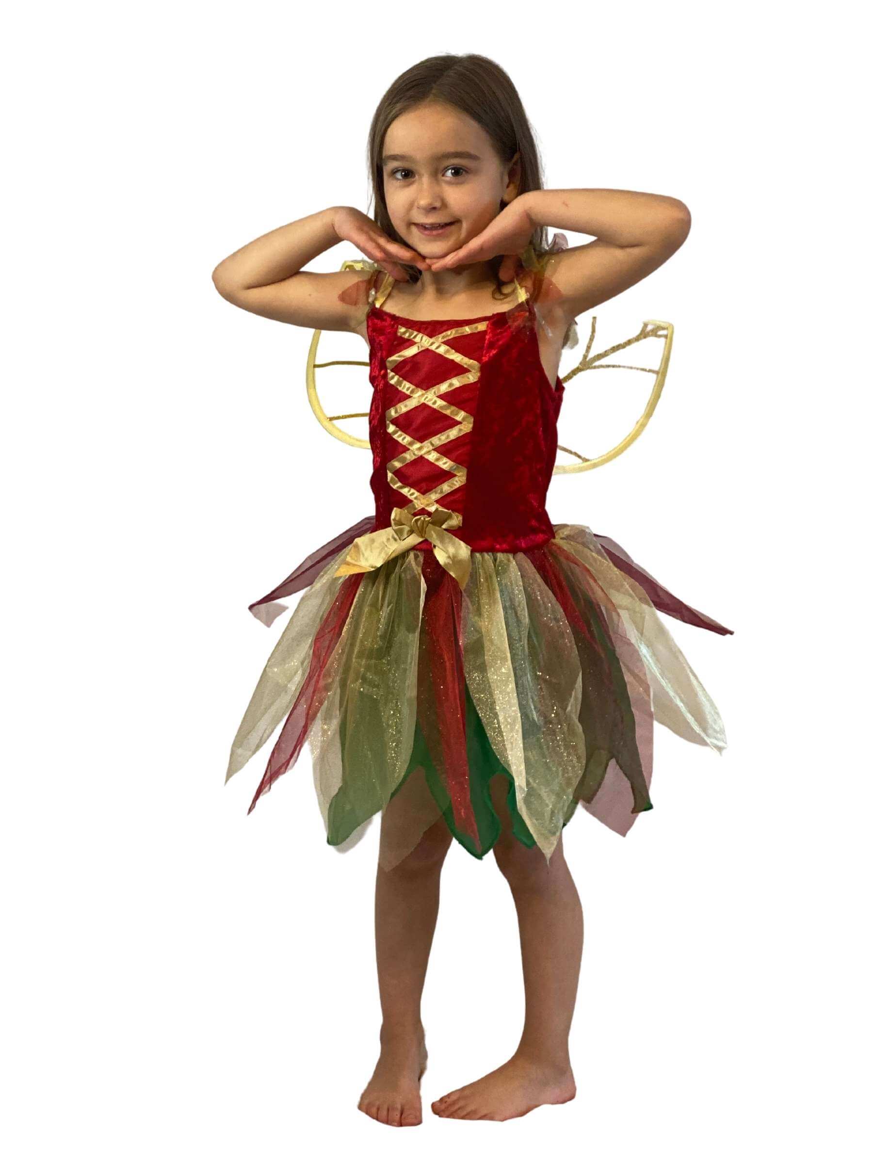 Girl wearing fairy dress costume with red corset pattern body and gold and green skirt.