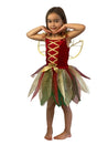 Girl wearing fairy dress costume with red corset pattern body and gold and green skirt.