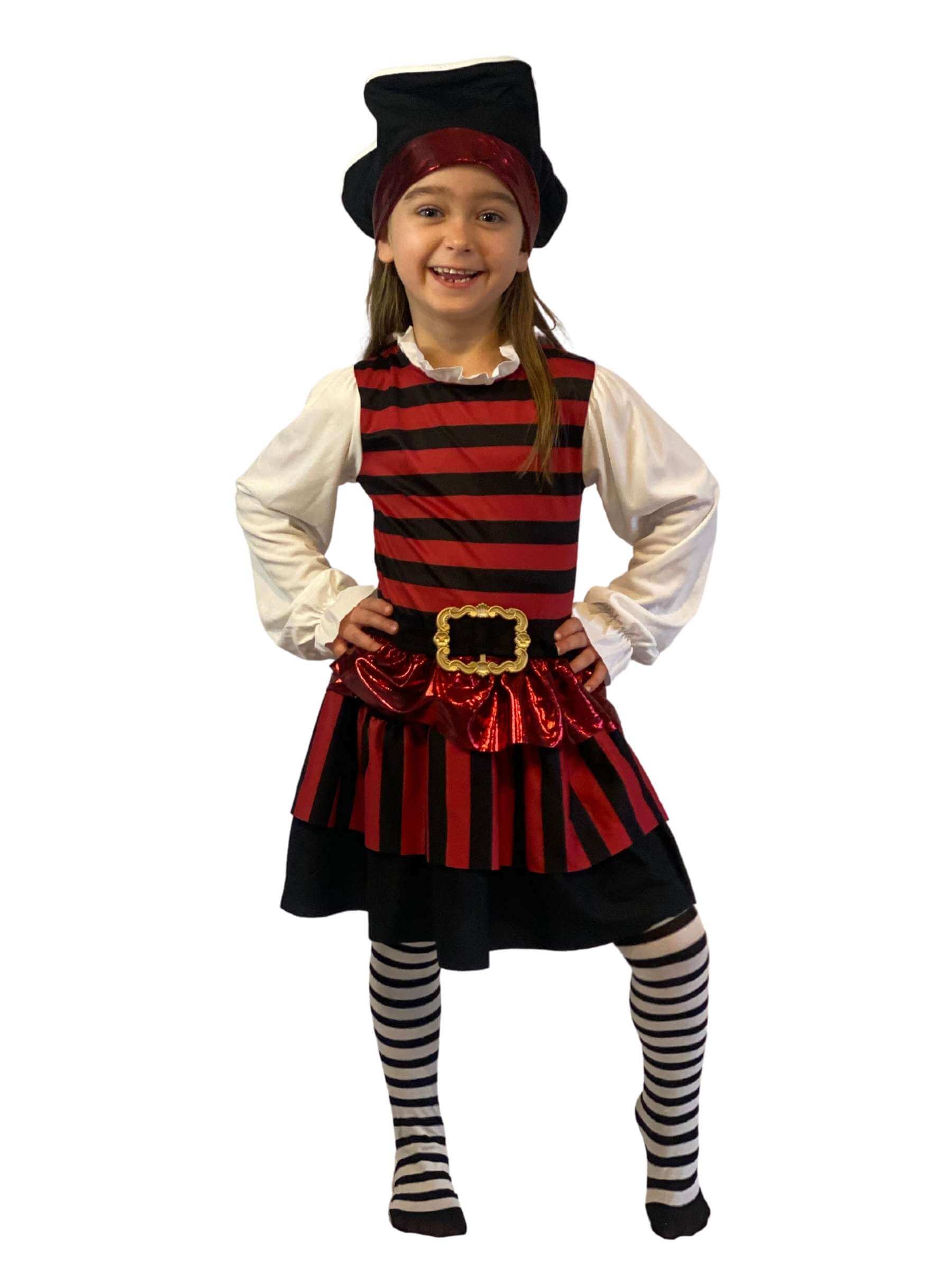 Girl wearing red and black horizontal striped dress with white sleeves and black and white striped tights,
