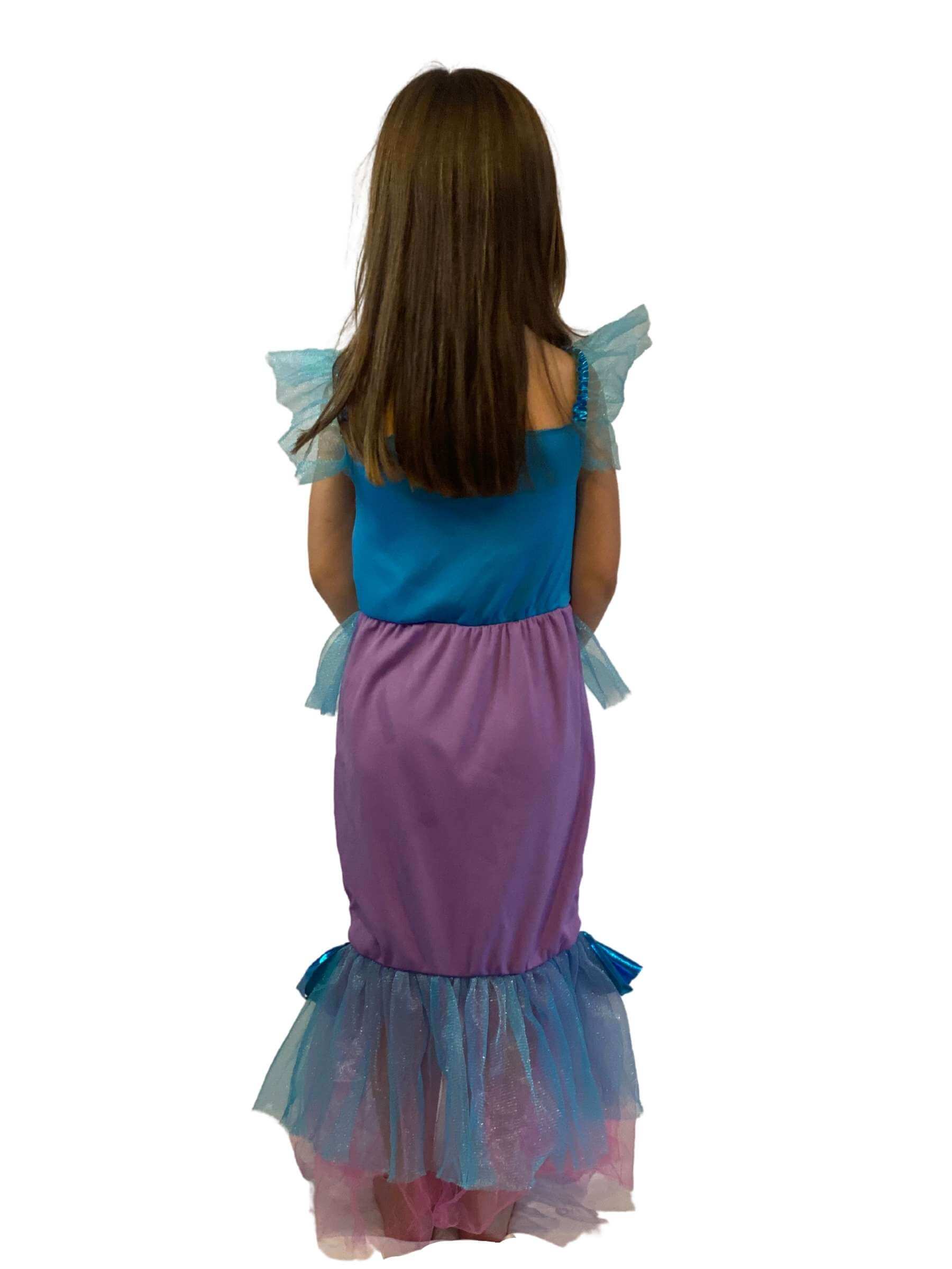 The back of a girl wearing the mermaid dress showing blue blue and purple back.