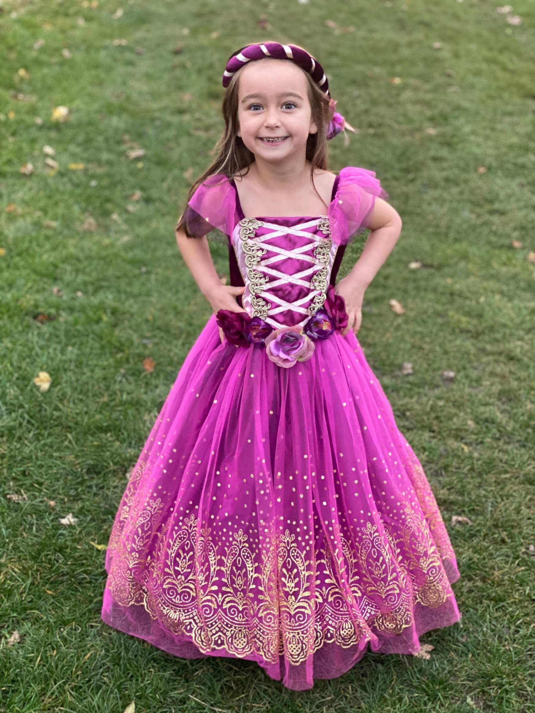 Girl stood on grass wearing the plum and gold princess dress.