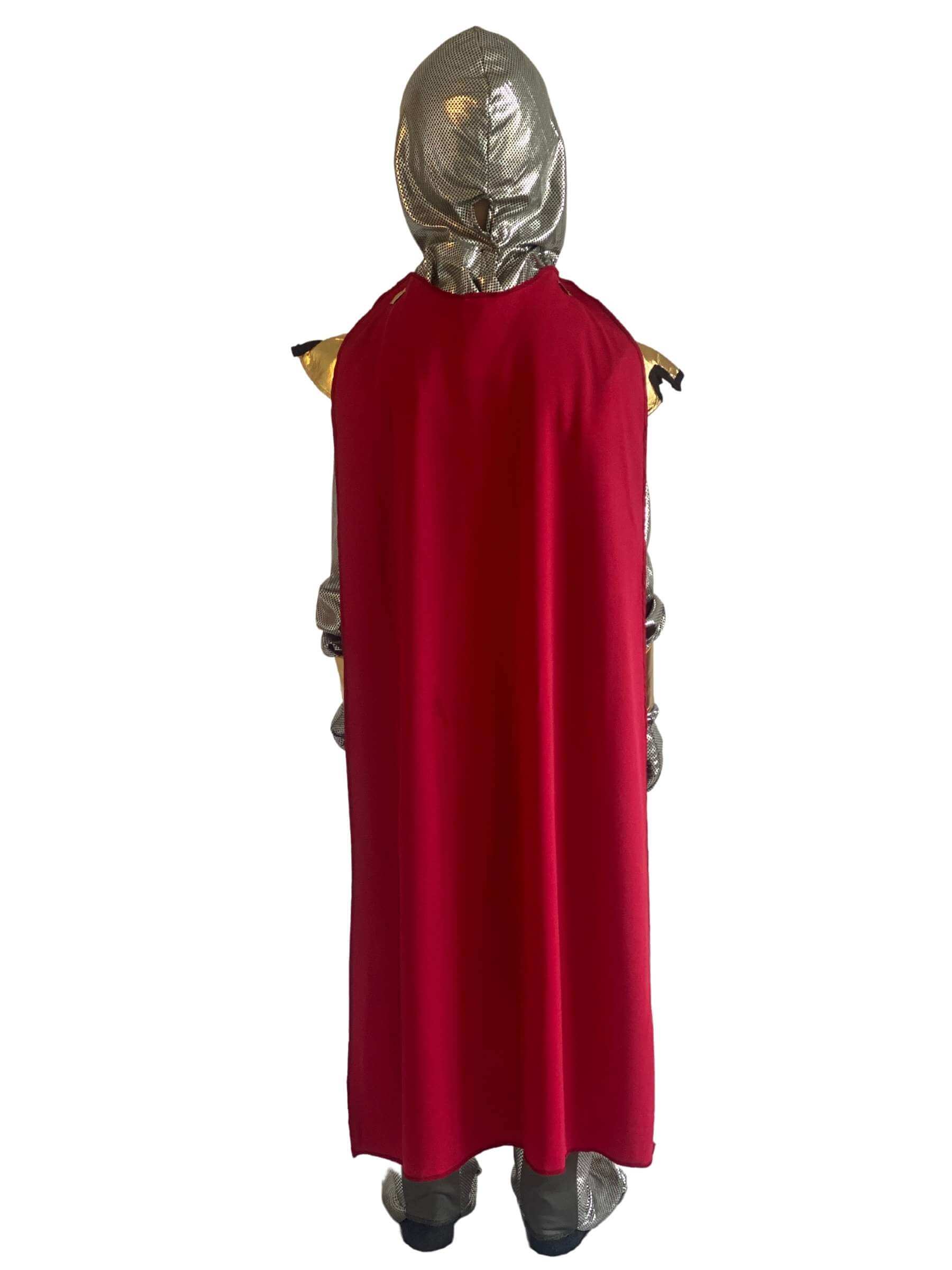 Back of the boy wearing the knight costume showing the long red cape.