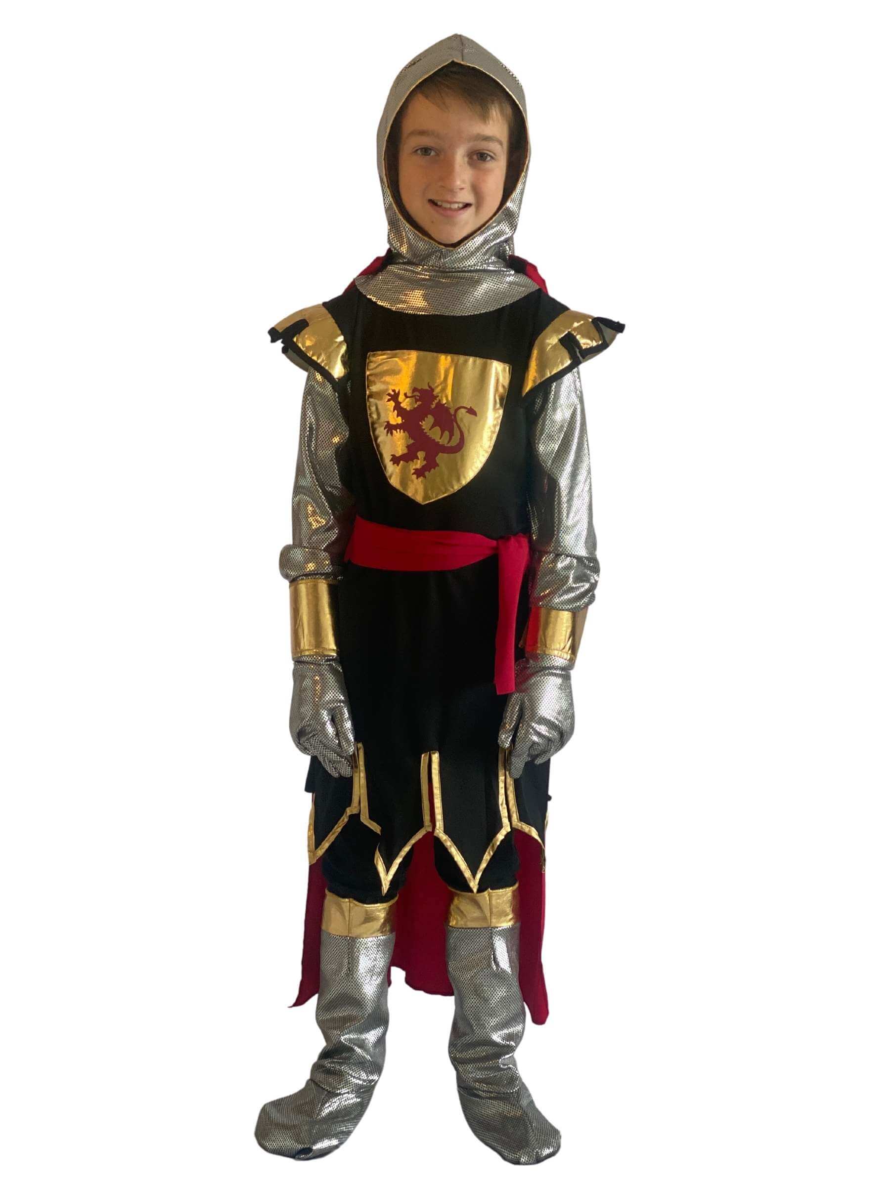 Boy wearing the knight costume showing the red tie waist belt and the silver gloves with gold trim.