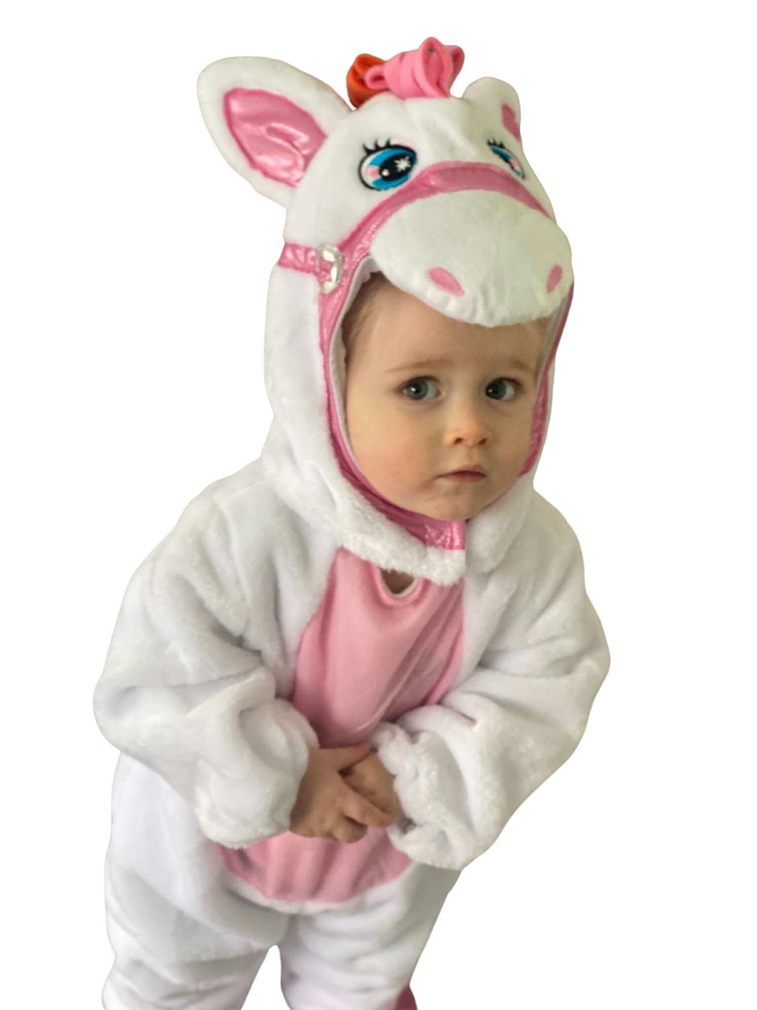 Close up of toddler wearing the Unicorn costume showing the details to the face including ears, eyes, nose and mane.
