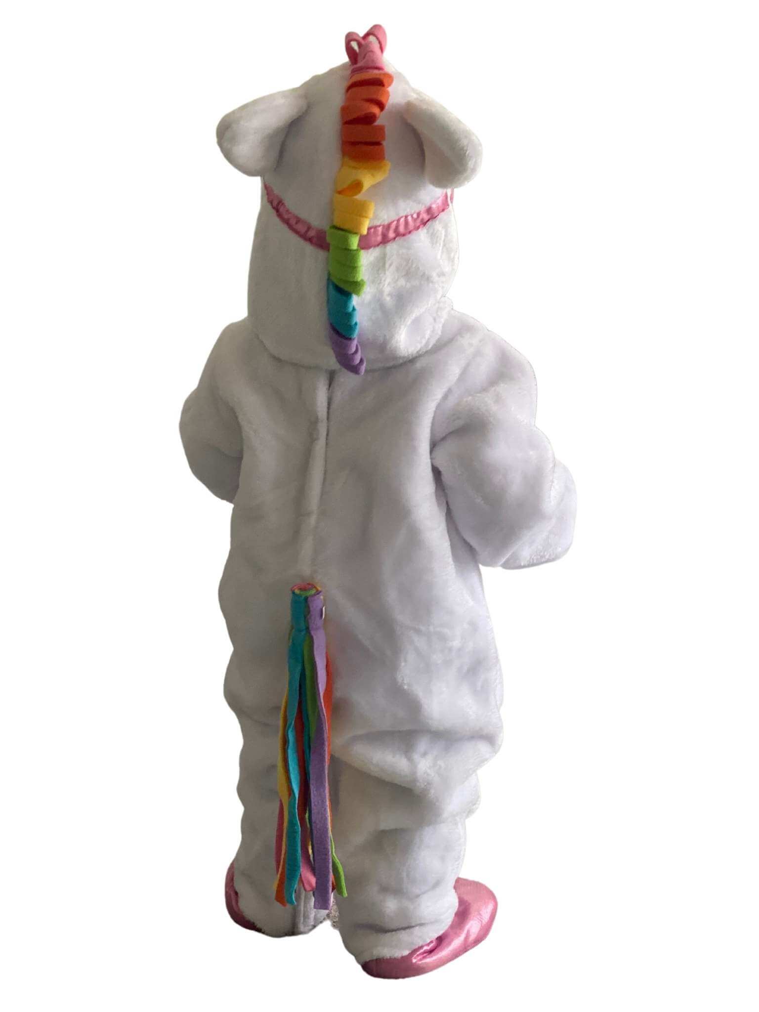 Back of the toddler wearing with the unicorn costume showing the colourful tail and main.