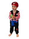 Toddler wearing pirate costume onesie showing the green parrot wristband.
