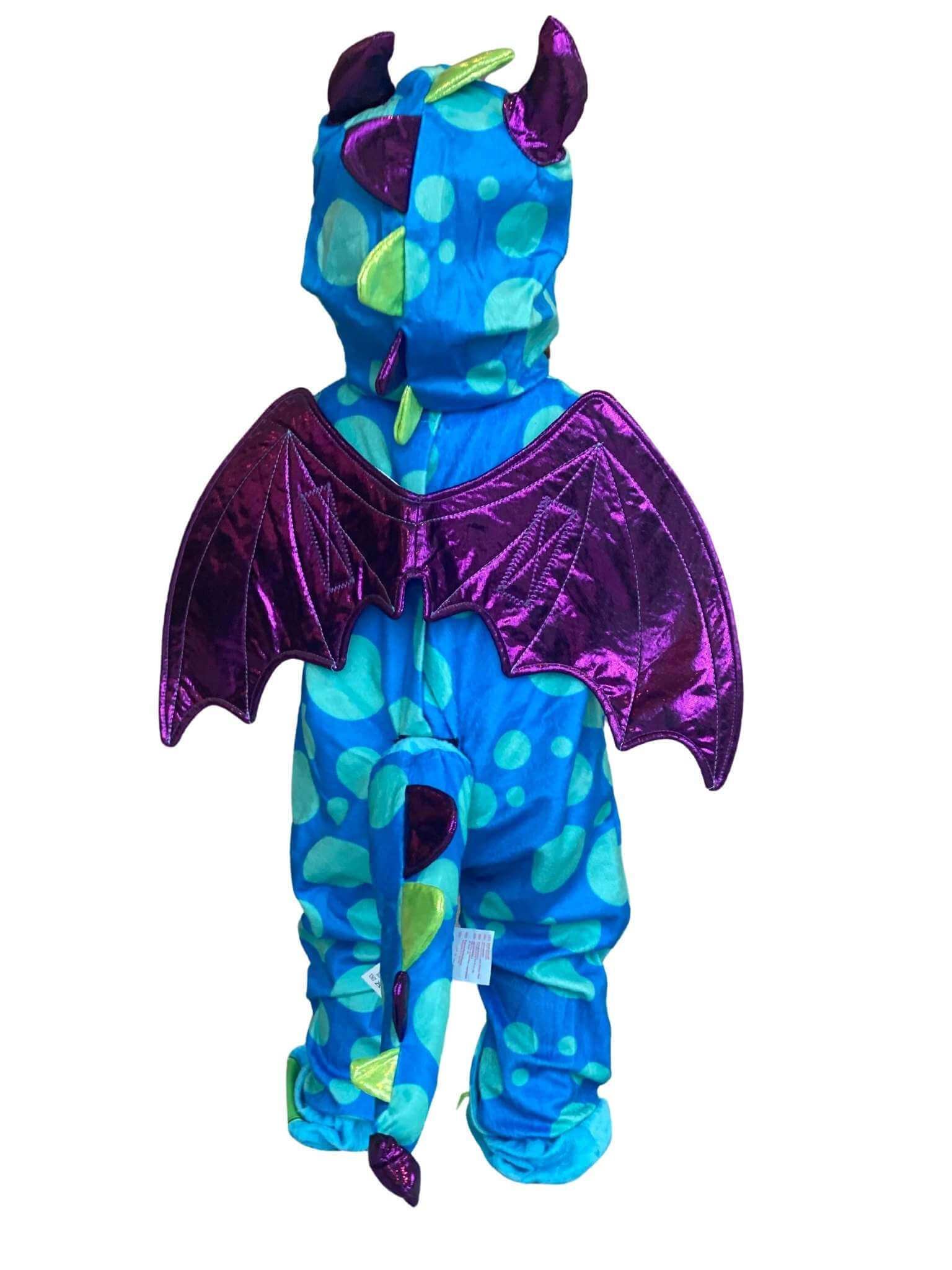Another angle of the back of the dragon costume showing the soft purple horns on the head.