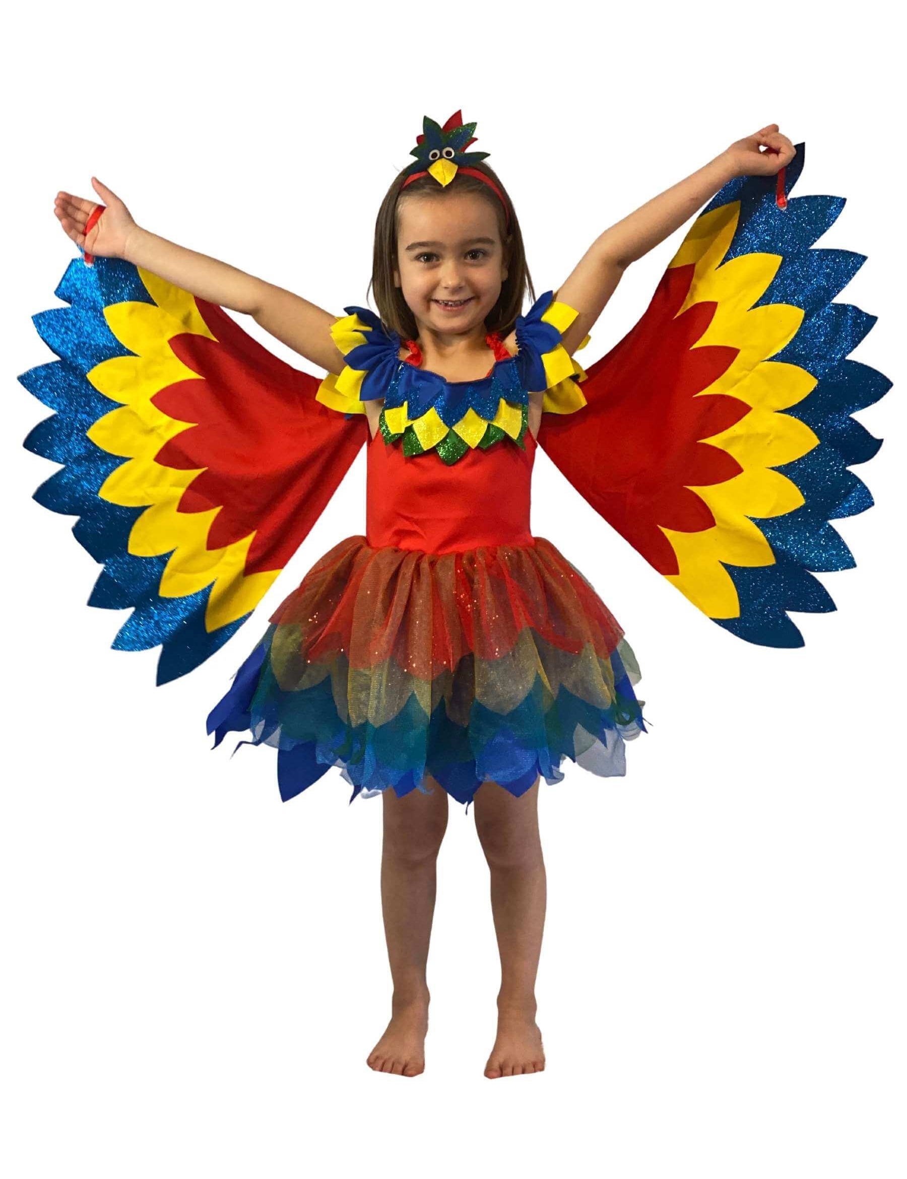 Girl wearing a red, yellow and blue macaw parrot Costume. With her arms stretched out showing the wings that attach to her wrists.