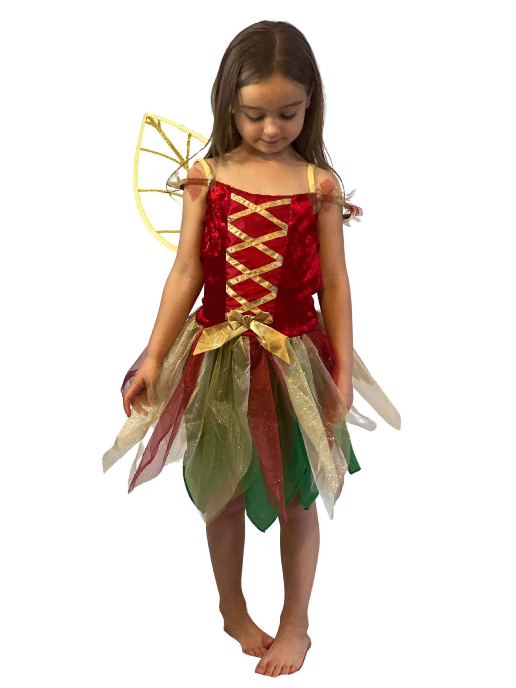 Girl looking down at the fairy dress costume.
