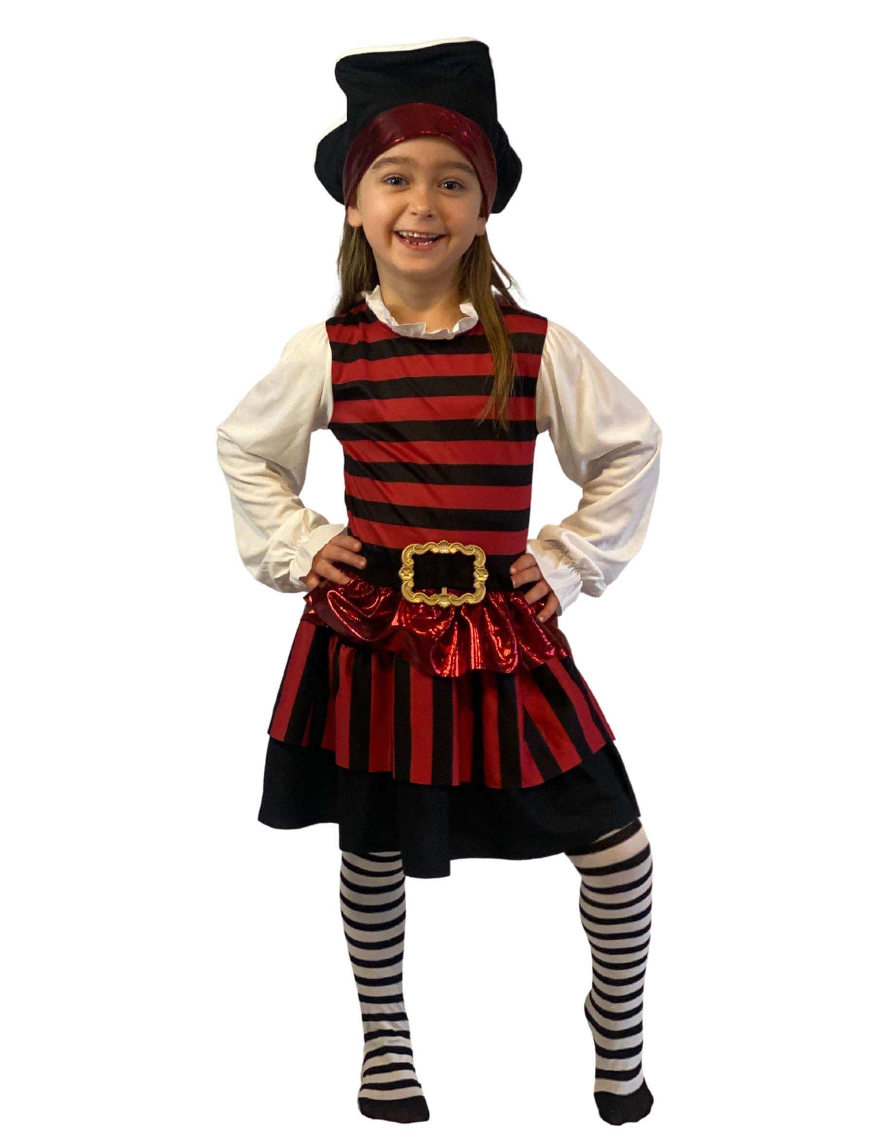 Girl wearing red and black horizontal striped dress with white sleeves and black and white striped tights,