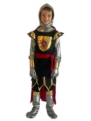 Boy wearing the knight costume showing the red tie waist belt and the silver gloves with gold trim.