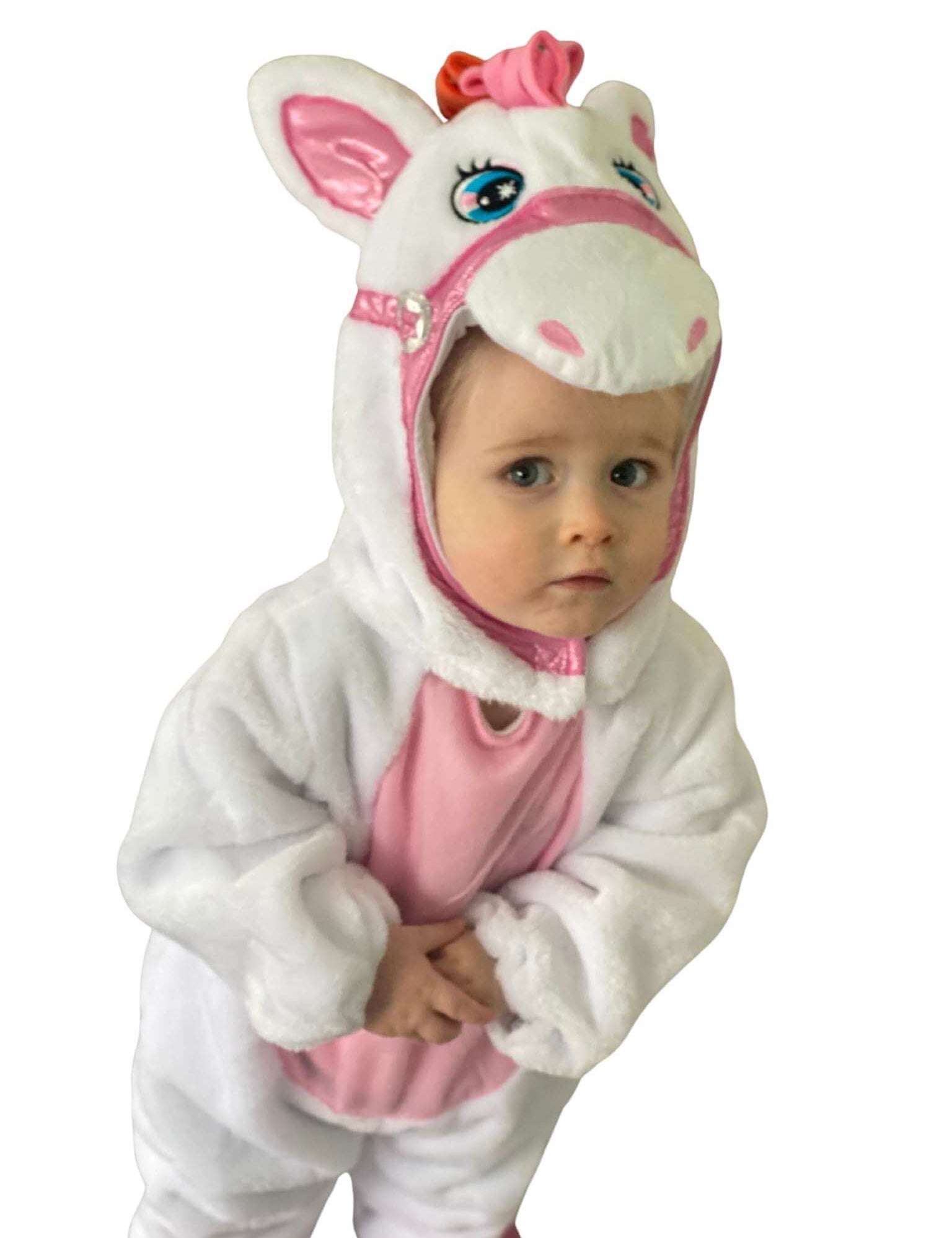 Close up of toddler wearing the Unicorn costume showing the details to the face including ears, eyes, nose and mane.