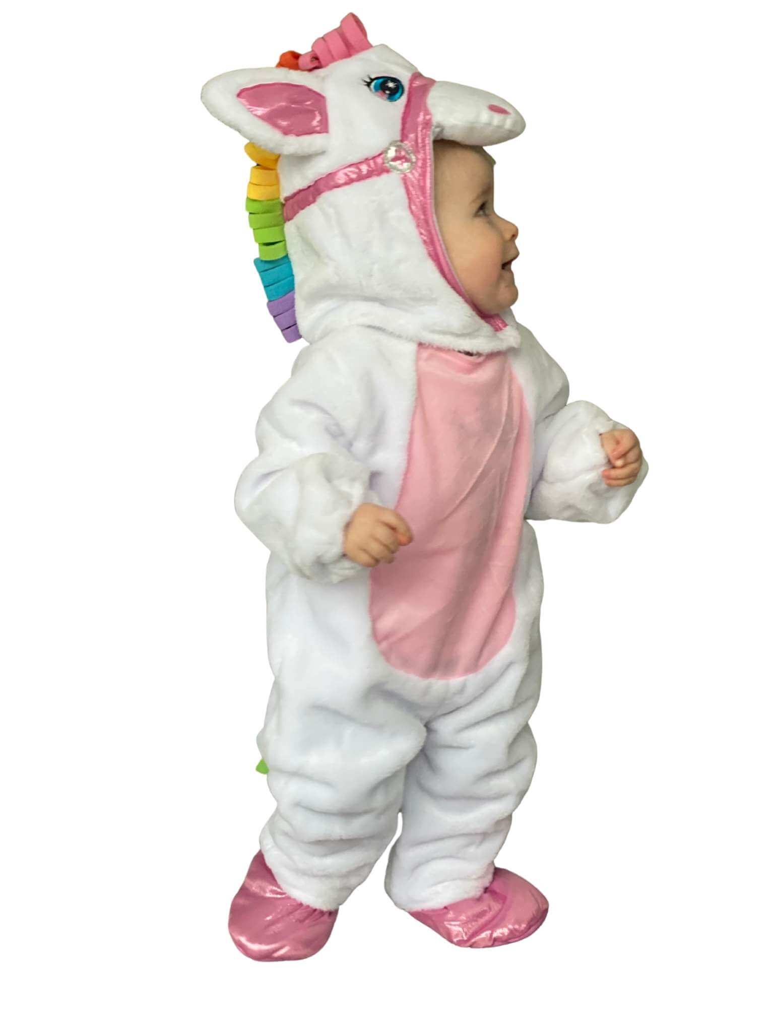 Side of the toddlers head showing the colourful unicorn main that goes from the top of the head to the bottom of the hood.