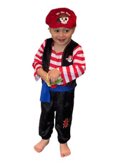 Toddler wearing pirate onesie with red bandana saying Yo Ho Ho!
