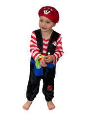 Smiling toddler wearing pirate onesie.