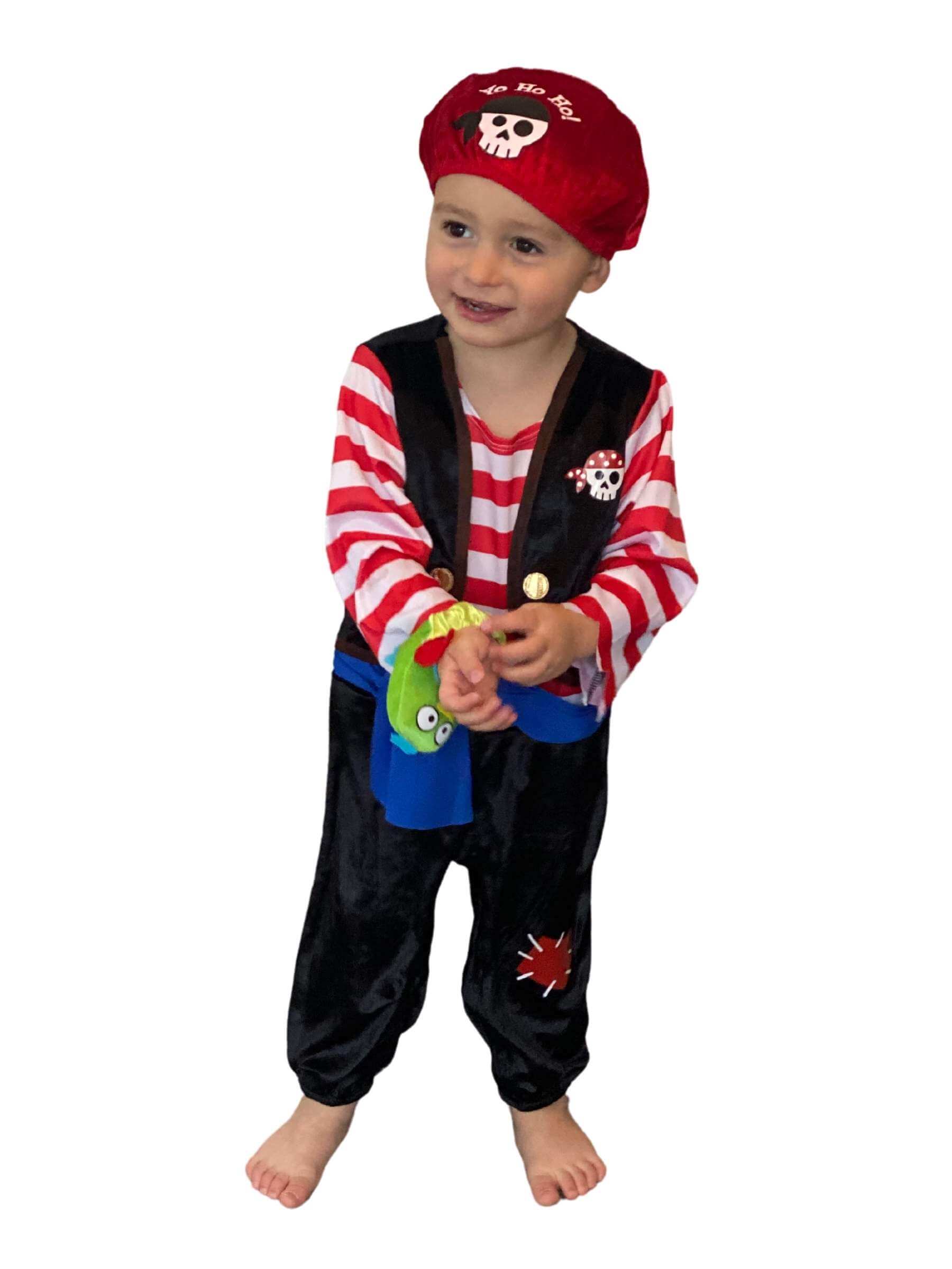 Smiling toddler wearing pirate onesie.